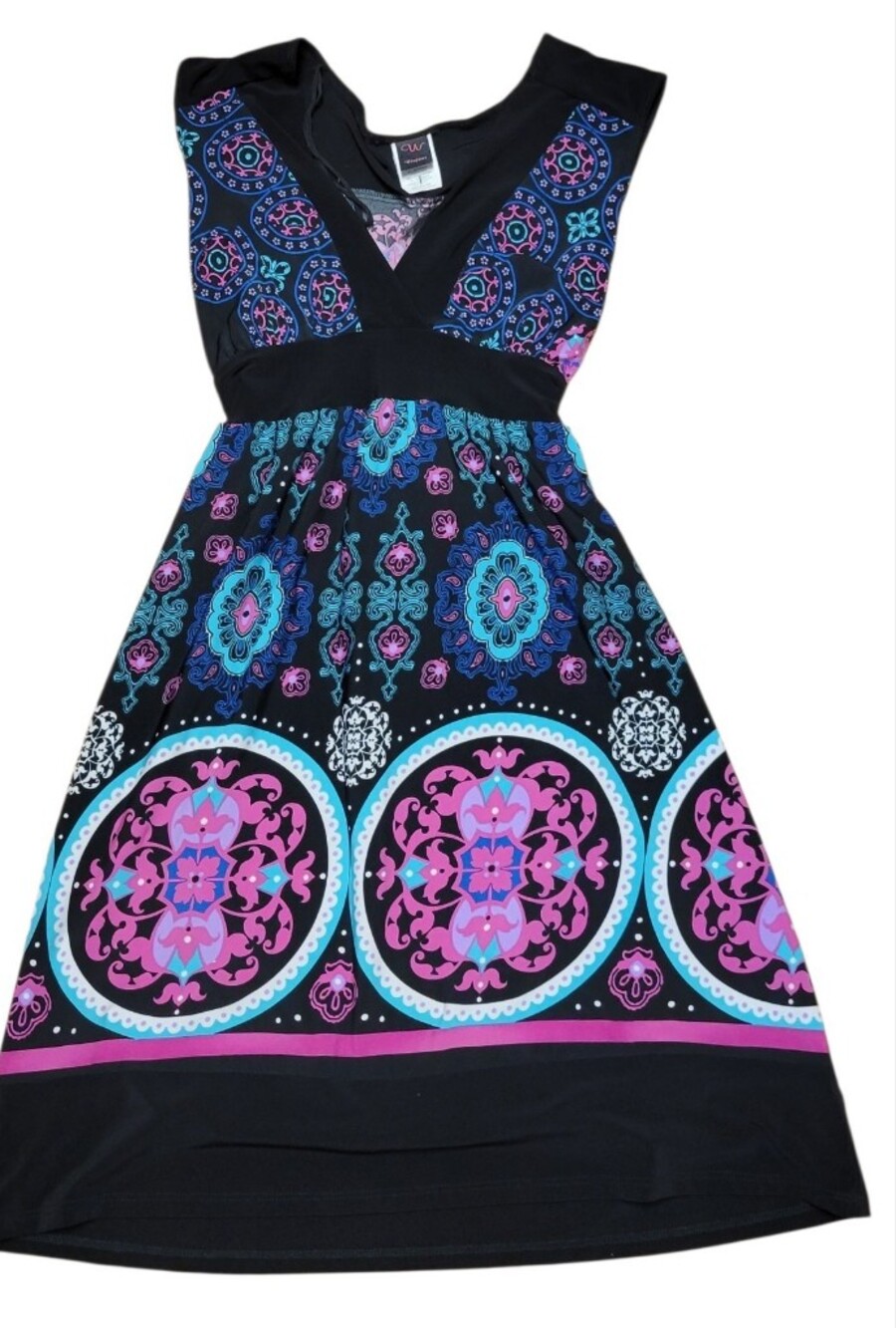 Wrapper Black Maxi Dress with Pink & Blue Medallion Print